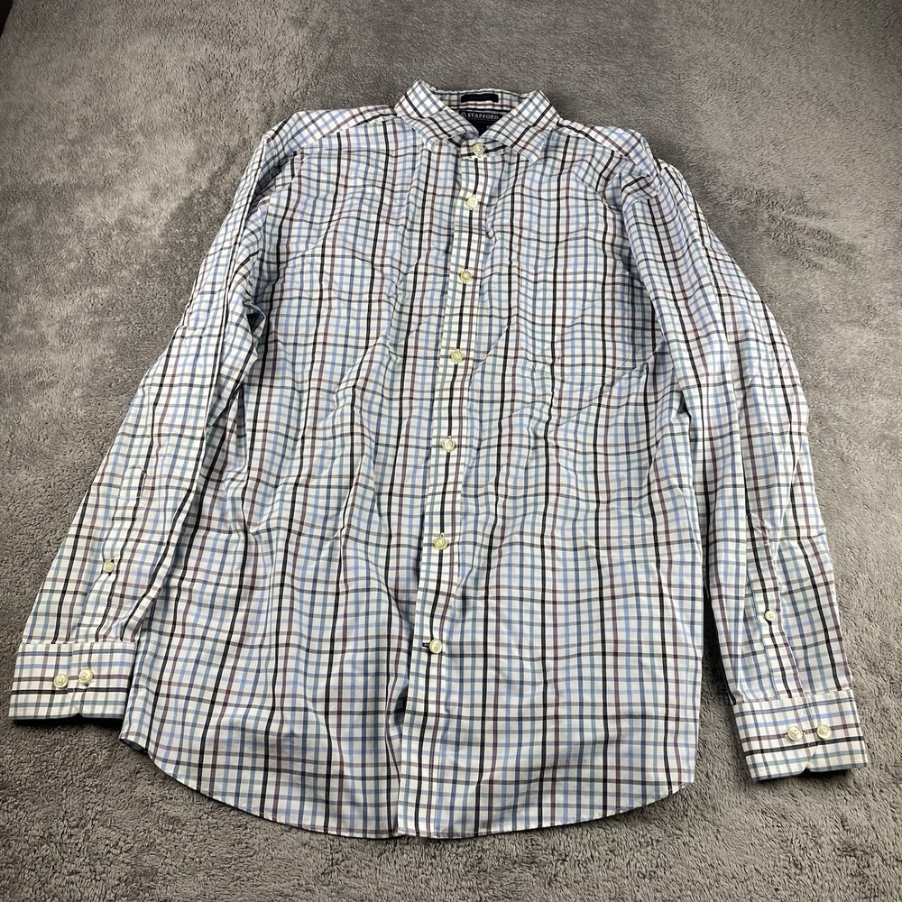 Stafford Signature Easy Care Button Down Shirt Mens Large White Blue Plaid